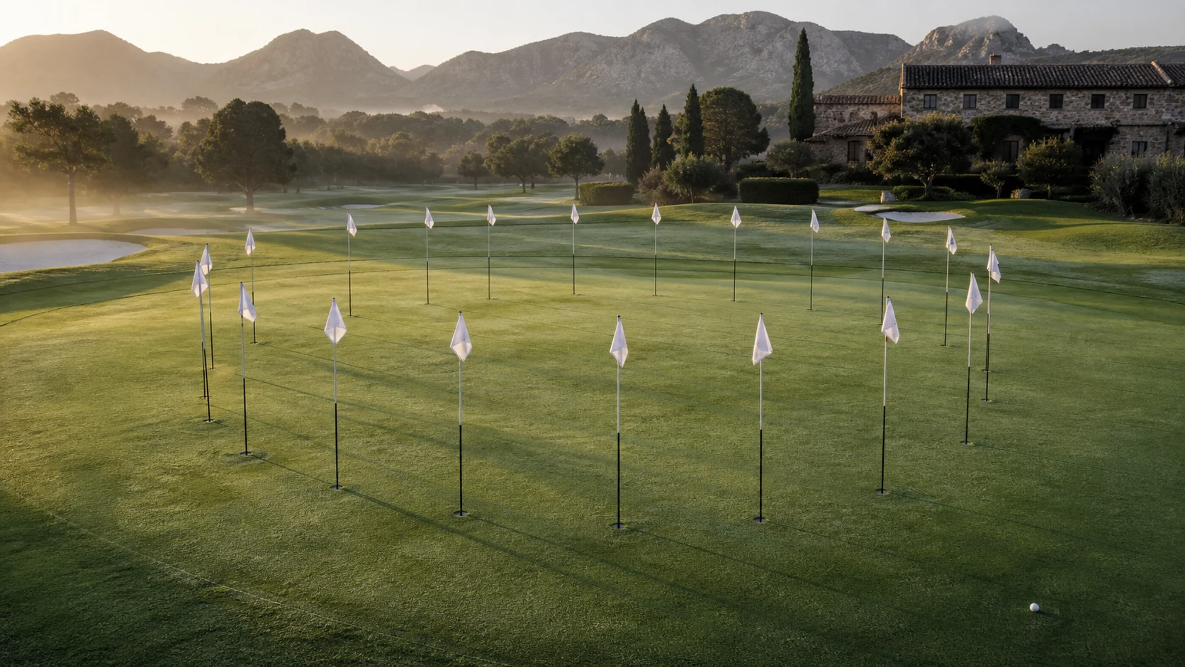 Achtzehn Fahnen kreisförmig auf einem Golfgrün